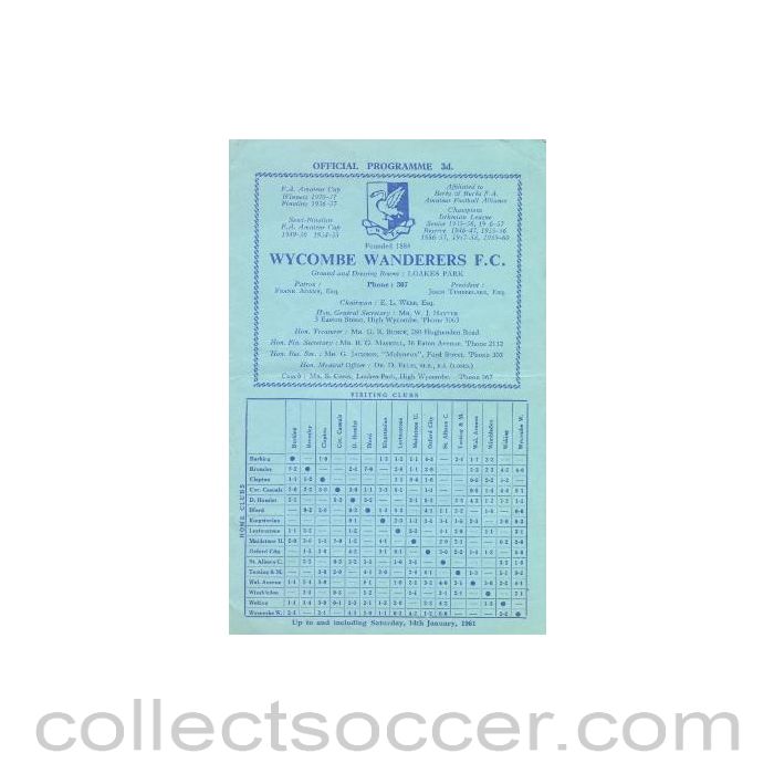 1961 - Wycombe Wanderers v Wimbledon official programme 21/01/1961