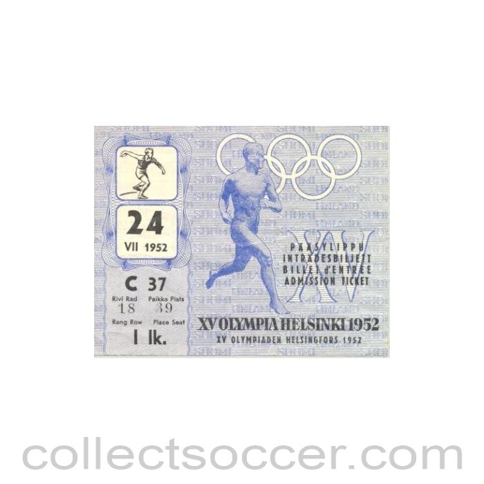 1952 - 15th Olympics Helsinki 1952 Ticket Athletics 24/07/1952