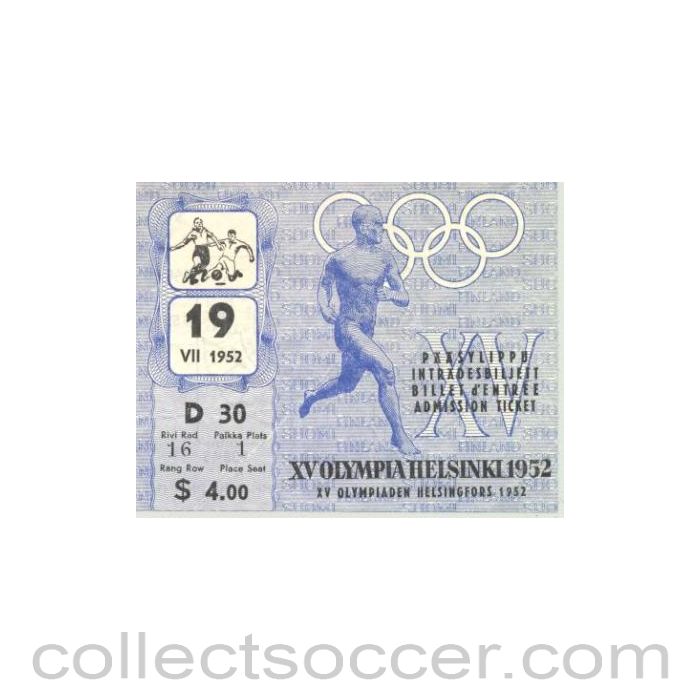 1952 - 15th Olympics Helsinki 1952 Ticket Football 19/07/1952