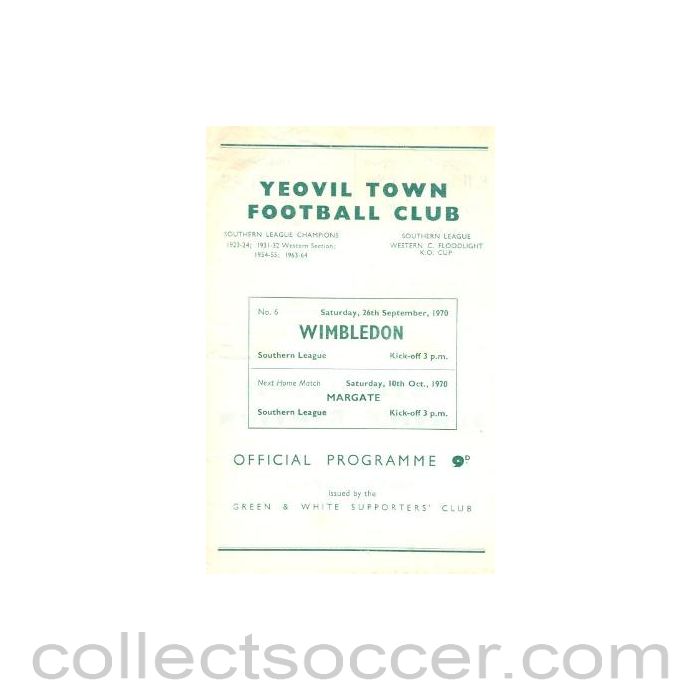 1970 - Yeovil Town v Wimbledon official programme 26/09/1970