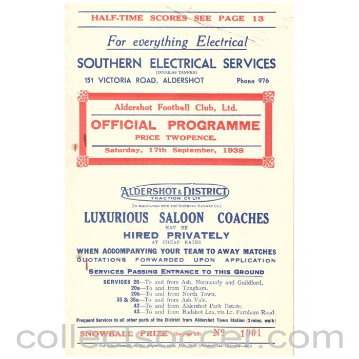 1938 Aldershot v Clapton Orient Programme