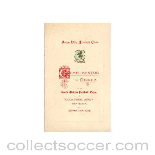1924 Menu Aston Villa Dinner in Honour of the South Africans