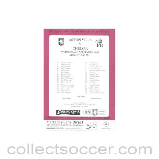 2003 - Aston Villa v Chelsea official colour teamsheet 17/12/2003 Carling Cup