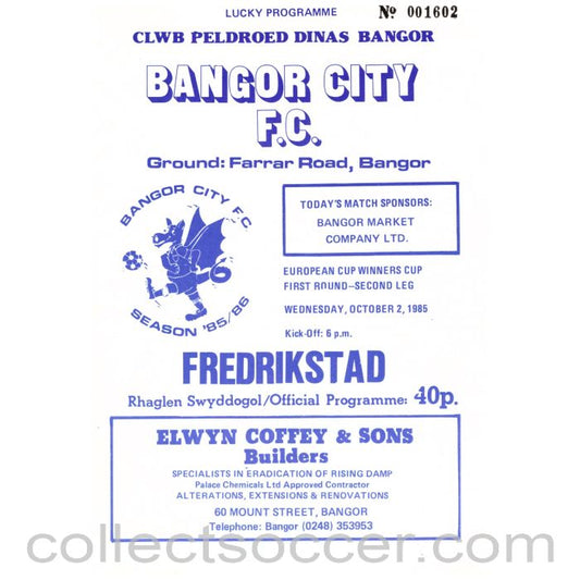 1985 Bangor City v Fredrikstad Football Programme