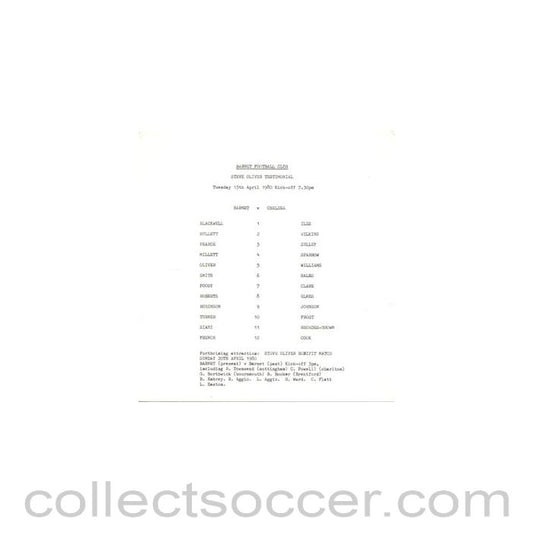1980 - Barnet v Chelsea official teamsheet 15/04/1980 Steve Oliver Testimonial Match