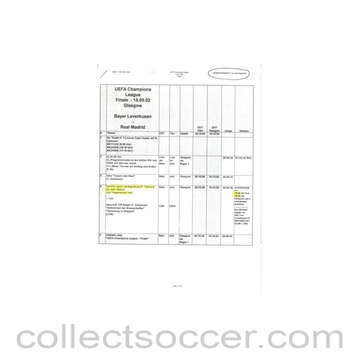 2002 - Bayer Leverkusen v Real Madrid 15/05/2002 Champions League Final in Glasgow script for the German commentators Gunther Jauch and R. Calmund