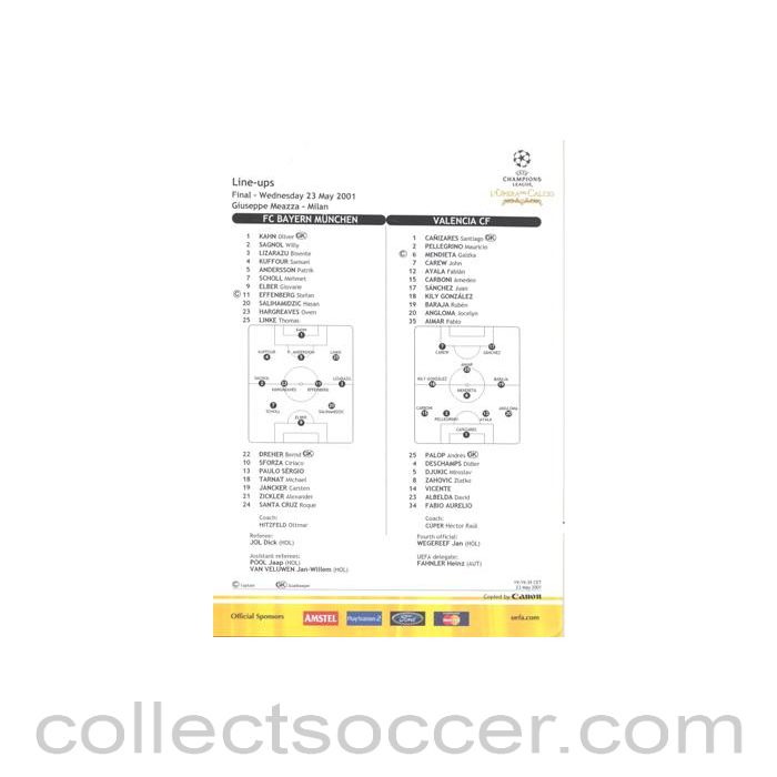 2001 - Bayern Munich v Valencia 2001 Champions League Final in Milan 23/05/2001 tactical line-ups