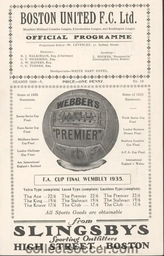 Boston United v Grimsby Town 10/4/1936 Programme