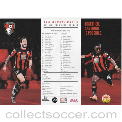 2016 Bournemouth V Chelsea Original Colour Team Sheet