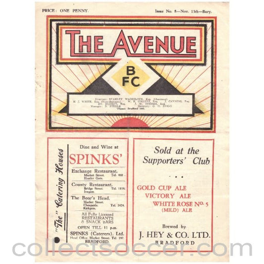 1930s Bradford Park Avenue v Bury Official programme