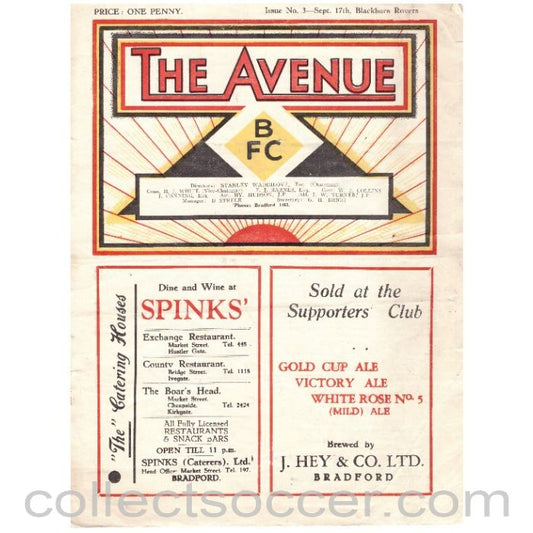 1930's Bradford Park Avenue v Blackburn Rovers Official Programme