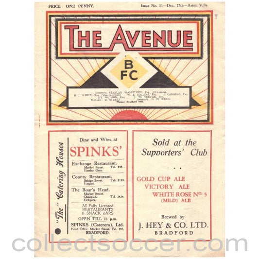 1937 Bradford Park Avenue v Aston Villa Official Programme