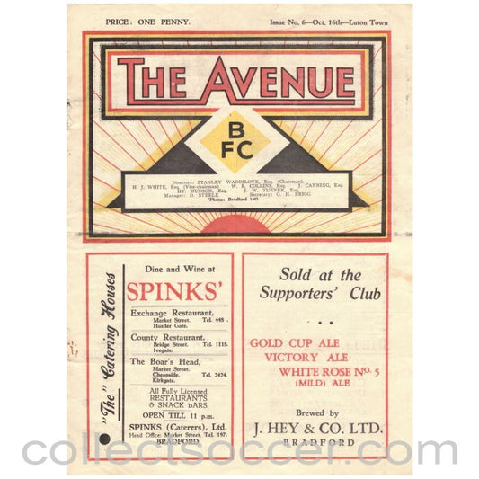 1937 Bradford Park Avenue v Luton Town Official Programme