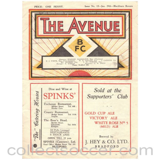 1938 Bradford Park Avenue v Blackburn Rovers Official Programme