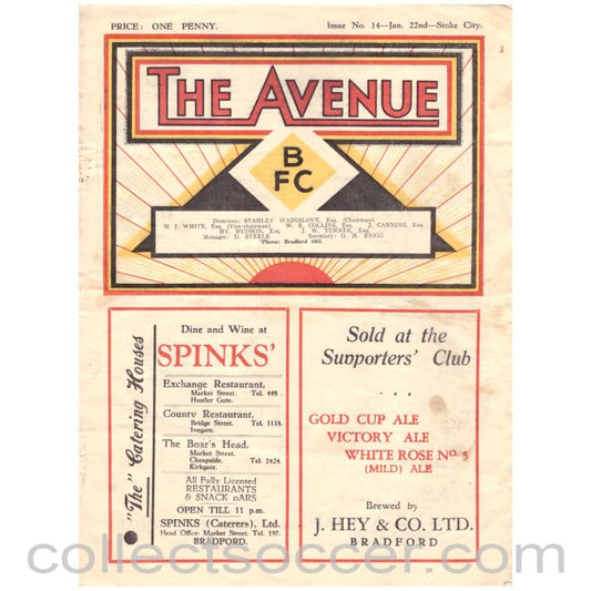 1938 Bradford Park Avenue v Stoke City Football Programme