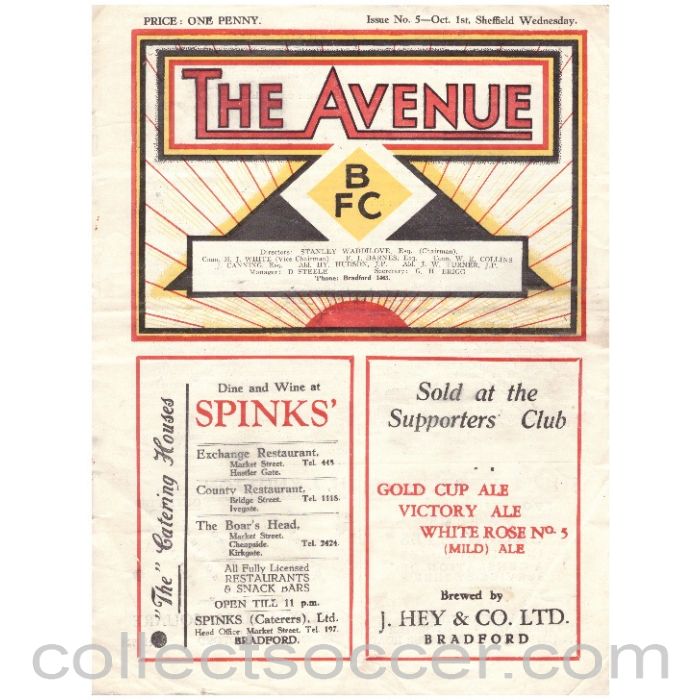 1938 Bradford Park Avenue v Sheffield Wednesday Official Programme