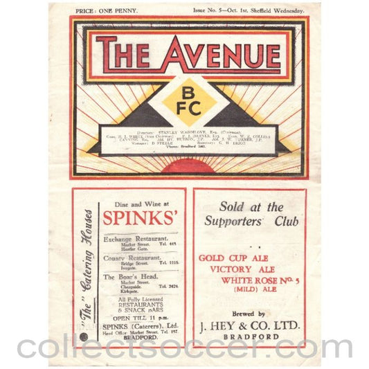 1938 Bradford Park Avenue v Sheffield Wednesday Official Programme