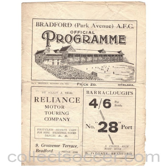 1928 - Bradford Park Avenue v Chelsea Official Programme 27/08/1928