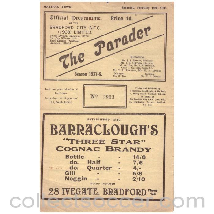 1937 - 1938 Bradford City v Halifax Town Official Programme