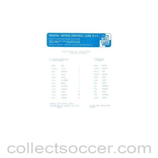 1982 - Bristol Rovers v Chelsea Reserves official teamsheet 21/05/1982 Football Combination