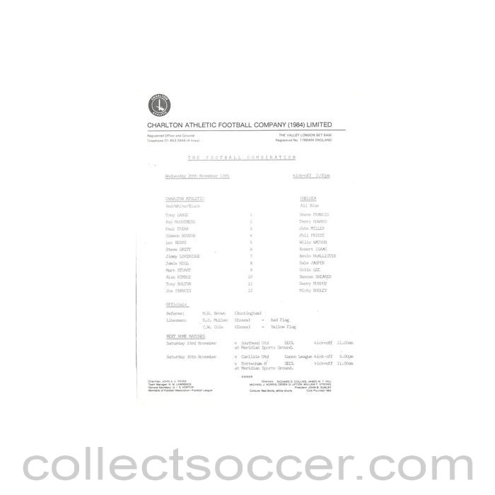 1985 - Charlton Athletic v Chelsea Reserves official colour teamsheet 20/11/1985 Football Combination