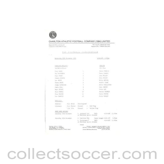 1985 - Charlton Athletic v Chelsea Reserves official colour teamsheet 20/11/1985 Football Combination