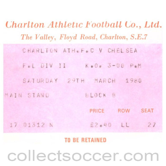 1980 Charlton v Chelsea Football Ticket