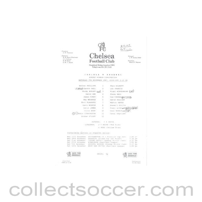 1987 - Chelsea v Arsenal Reserves official teamsheet 07/11/1987 Football Combination