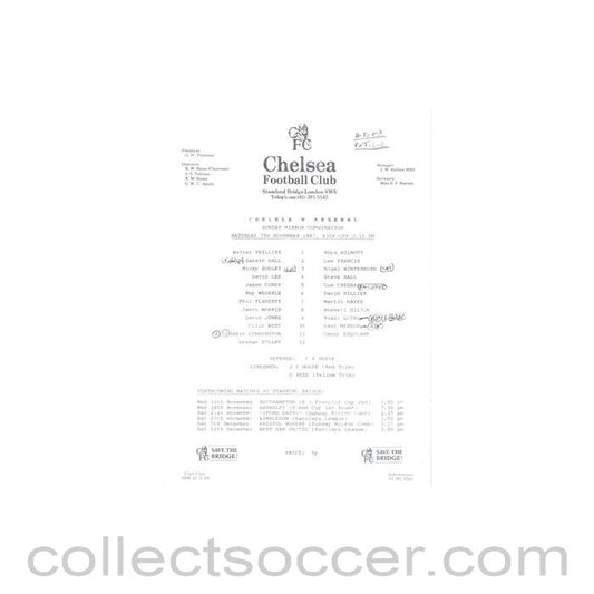 1987 - Chelsea v Arsenal Reserves official teamsheet 07/11/1987 Football Combination
