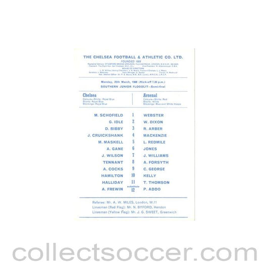 1968 - Chelsea v Arsenal official programme 25/03/1968 Southern Junior Floodlit Semi-Final