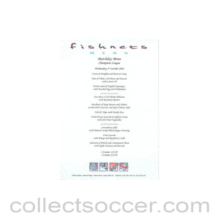 2003 - Chelsea v Besiktas Fishnets menu 01/10/2003 Champions League