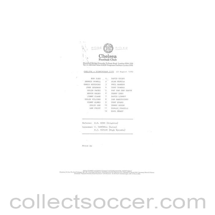 1980 - Chelsea v Birmingham City official teamsheet 23/08/1980