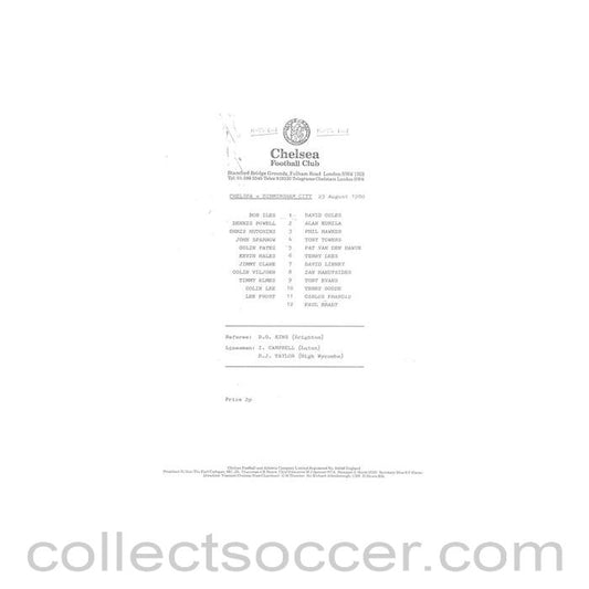 1980 - Chelsea v Birmingham City official teamsheet 23/08/1980