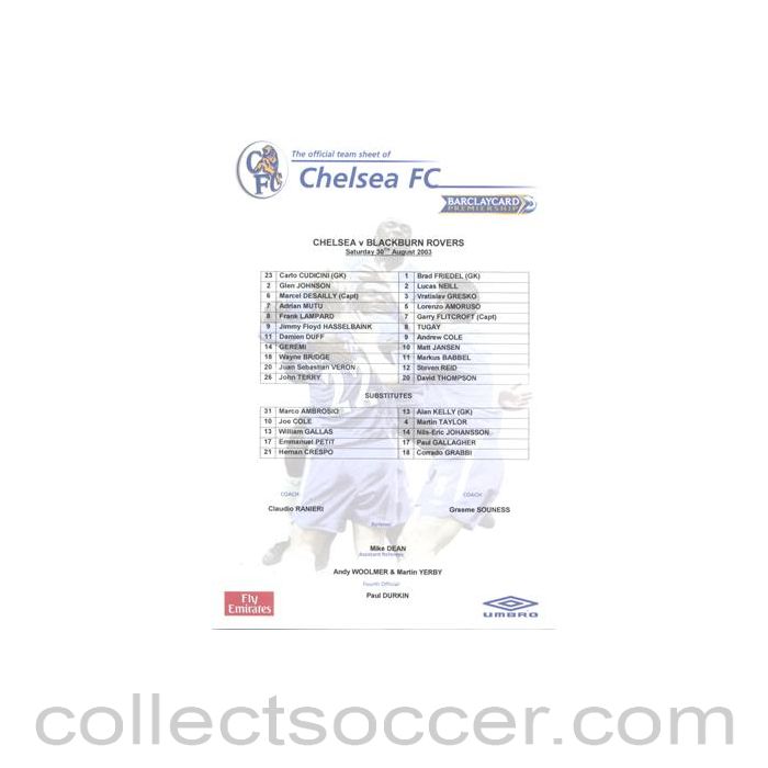 2003 - Chelsea v Blackburn Rovers official colour teamsheet 30/08/2003 Premier League