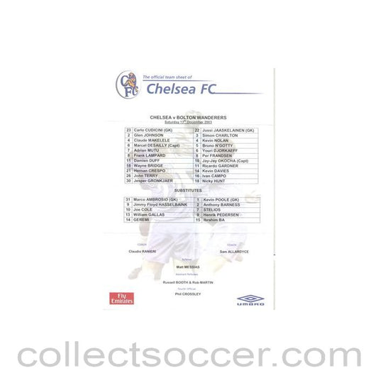2003 - Chelsea v Bolton Wanderers official colour teamsheet 13/12/2003
