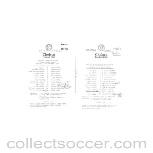 1982 - Chelsea v Bristol Rovers 19/10/1982 and Chelsea v Brighton 12/10/1982 Reserves official teamsheet Football Combination