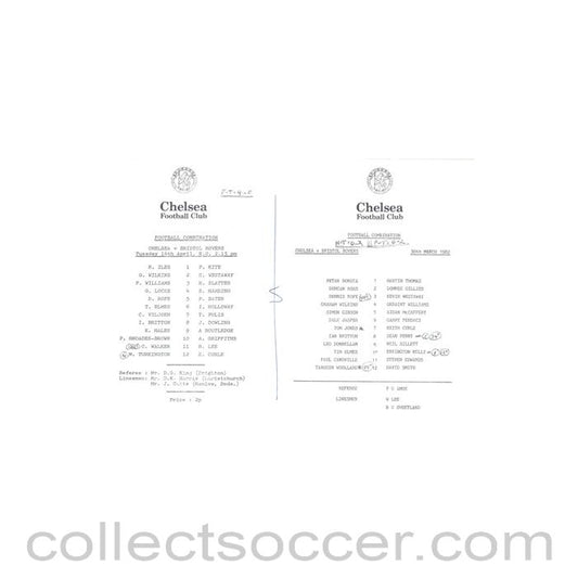 1982 - Chelsea v Bristol Rovers on 14/04/1982 and on 30/03/1982 Reserves official teamsheet Football Combination
