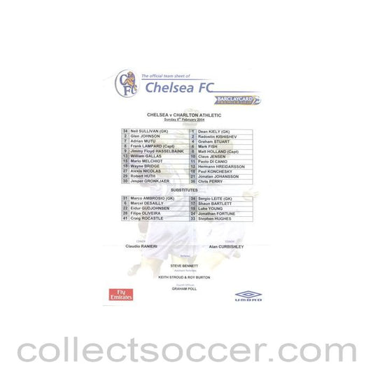 2004 - Chelsea v Charlton Athletic official colour teamsheet 08/02/2004 Premier League