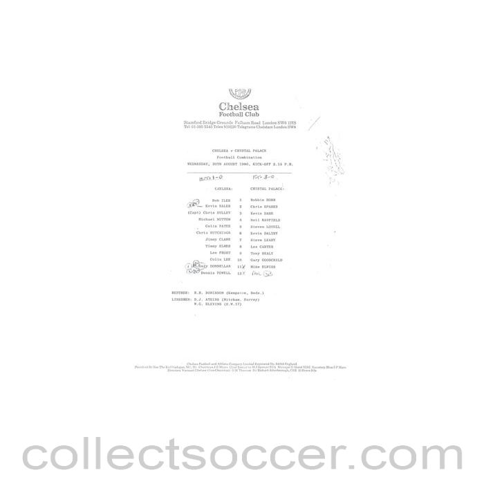 1980 - Chelsea v Crystal Palace Reserves official teamsheet 20/08/1980 Football Combination