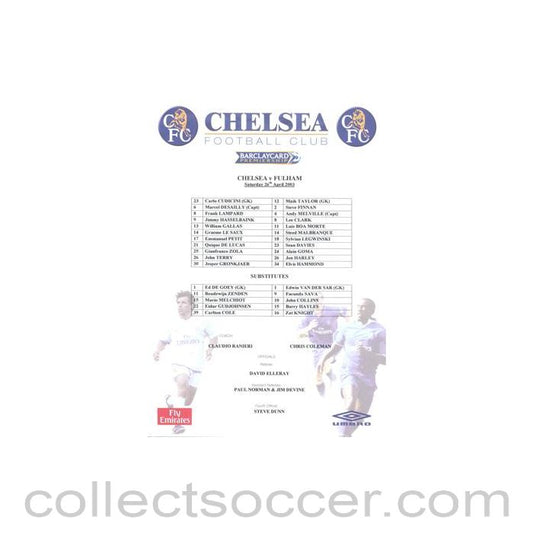2003 - Chelsea v Fulham official colour teamsheet 26/04/2003 Premier League