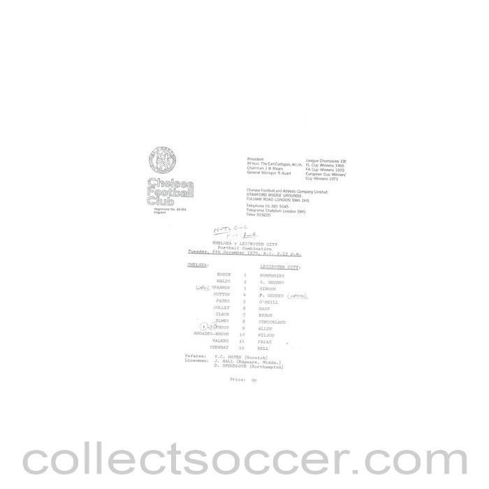 1979 - Chelsea v Leicester City Reserves official teamsheet 06/11/1979 Football Combination