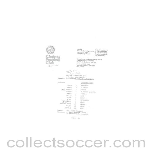 1979 - Chelsea v Leicester City Reserves official teamsheet 06/11/1979 Football Combination
