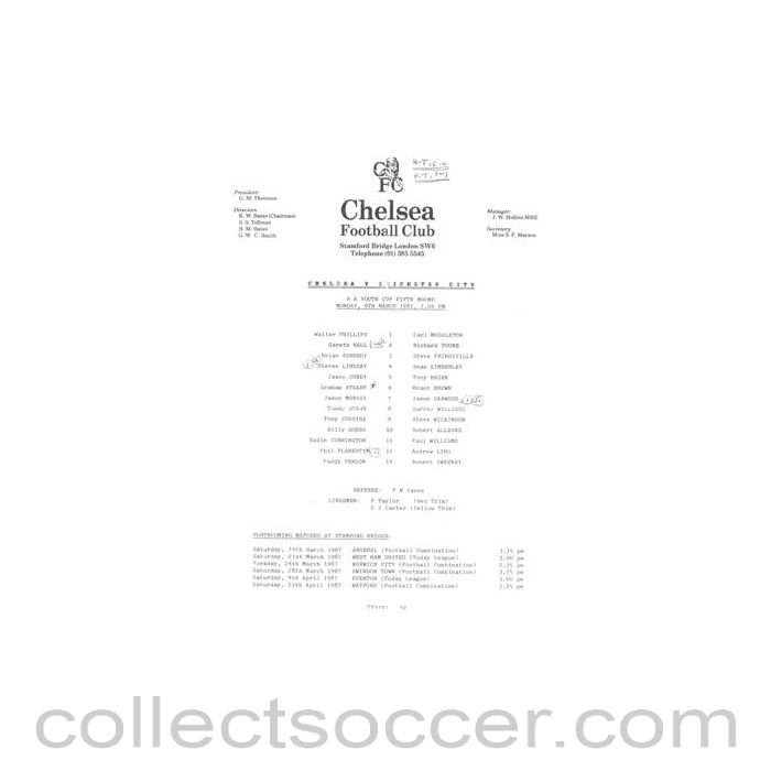 1987 - Chelsea v Leicester Reserves official teamsheet 09/03/1987 Football Combination