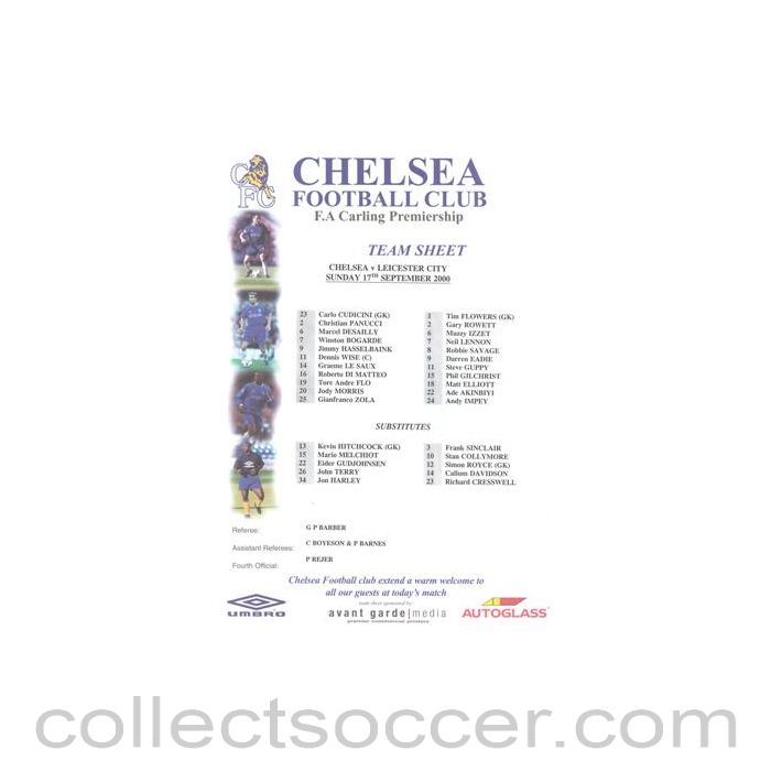 2000 - Chelsea v Leicester City official colour teamsheet 17/09/2000 Premier League