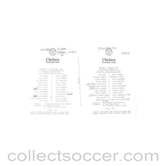 1982 - Chelsea v Leicester 28/09/1982 and Chelsea v Swindon 25/01/1983 Reserves official teamsheet Football Combination