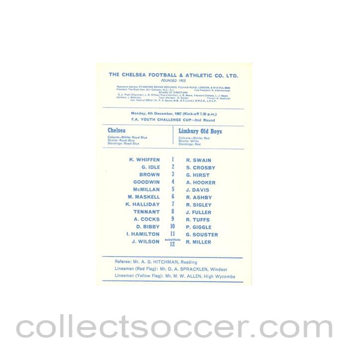 1967 - Chelsea v Limbury Old Boys official programme 04/12/1967