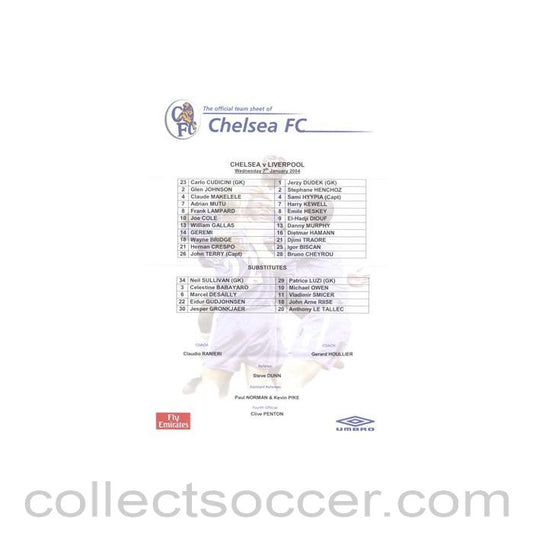 2004 - Chelsea v Liverpool official colour teamsheet 07/01/2004 Premier League