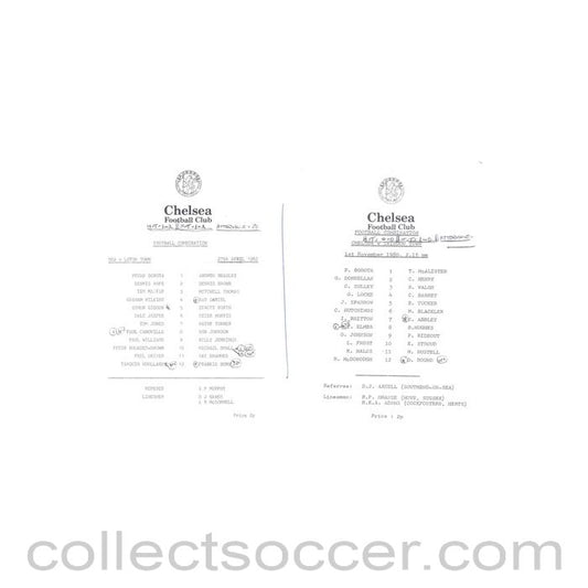 1980 - Chelsea v Luton 27/04/1982 and Chelsea v Swindon 01/11/1980 Reserves official teamsheet Football Combination