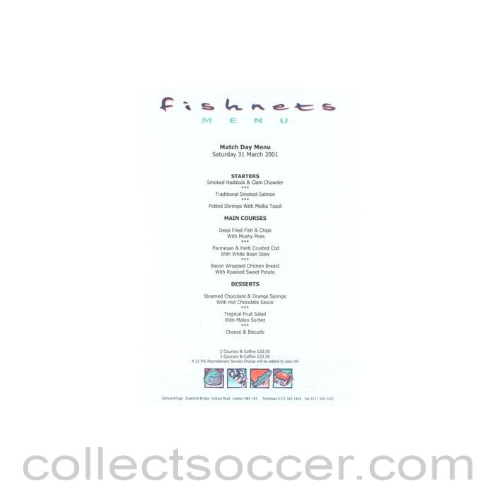 2001 - Chelsea v Middlesbrough Fishnets menu 31/03/2001 Premier League
