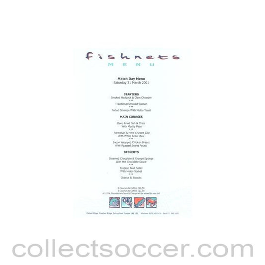 2001 - Chelsea v Middlesbrough Fishnets menu 31/03/2001 Premier League